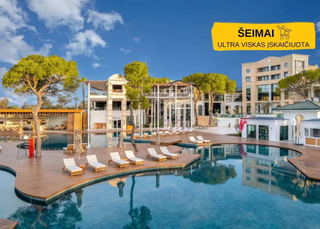 Rixos Park Belek viešbutis su baseinu ir šeimai skirtu poilsiu