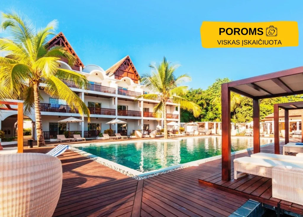 Royal Beach 4 žvaigždučių viešbutis Madagaskare su baseinu ir medinėmis terasomis